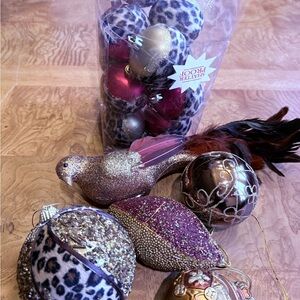 Glittery Holiday Ornament Set with Leopard Print and Burgundy Accents